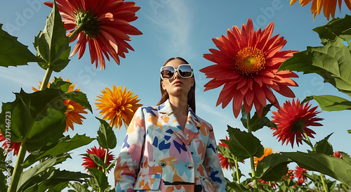 A stylish woman in sunglasses and a floral jacket stands amidst giant vibrant flowers under a blue sky.