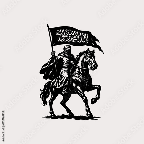Nomad warrior on horseback holding a flag black and white vector