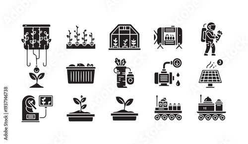 Innovative agriculture and technology icons for sustainable growth