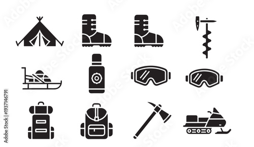Winter camping and snow sports equipment icons