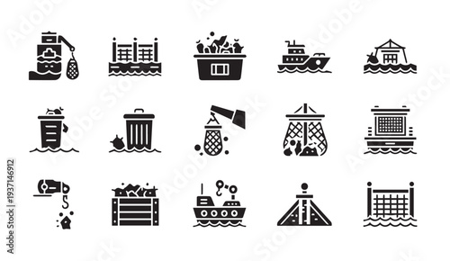 Black icons depicting various industrial and marine activities