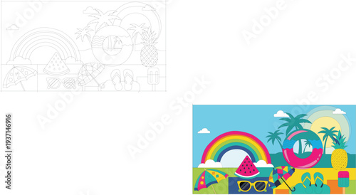 Summer vacation colorful illustration with beach objects and tropical elements in flat design