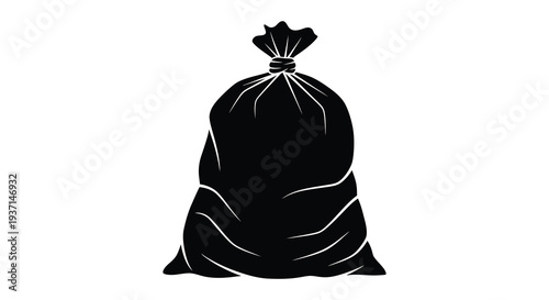 A stark black silhouette of a full sack or bag appearing weighty and knotted at the top silhouette