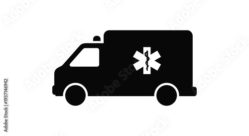 A stark black silhouette of an ambulance with a star of life emblem emphasizing emergency services silhouette