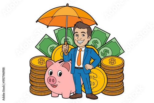 A businessman in blue suit holding umbrella protects his savings