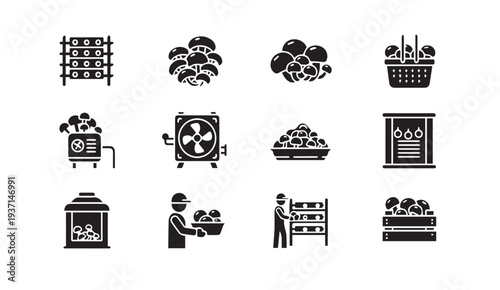 Mushroom cultivation and harvesting icons for agriculture and business use