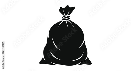 A stark black silhouette of a tied sack filled and bulging against a bright background silhouette high quality