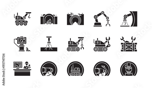 Set of modern industrial machinery icons for manufacturing