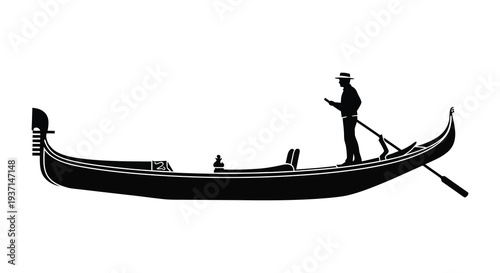 A striking black silhouette depicts a gondolier and his traditional vessel on calm waters silhouette high quality professional