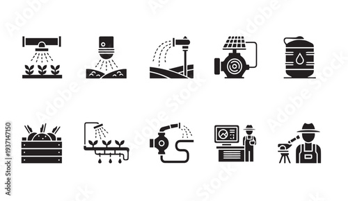 Modern farming and irrigation system icons for agriculture and technology