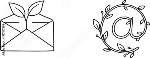 Eco friendly email and botanical contact symbol line art icon design concepts