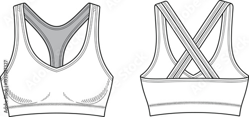 Women sports bra front and back view hand drawn vector illustration, athletic workout fitness top design, activewear apparel line art