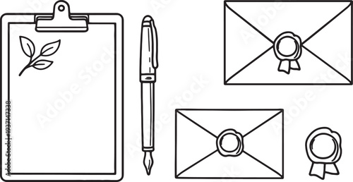 Minimalist vintage stationery set with clipboard, fountain pen and wax seal envelopes