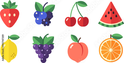Colorful Fruit Icon Set Featuring Strawberry, Blueberries, Grapes, Cherries, Watermelon, Lemon, Peach and Orange for Healthy Food Design and Fresh Fruit Illustration