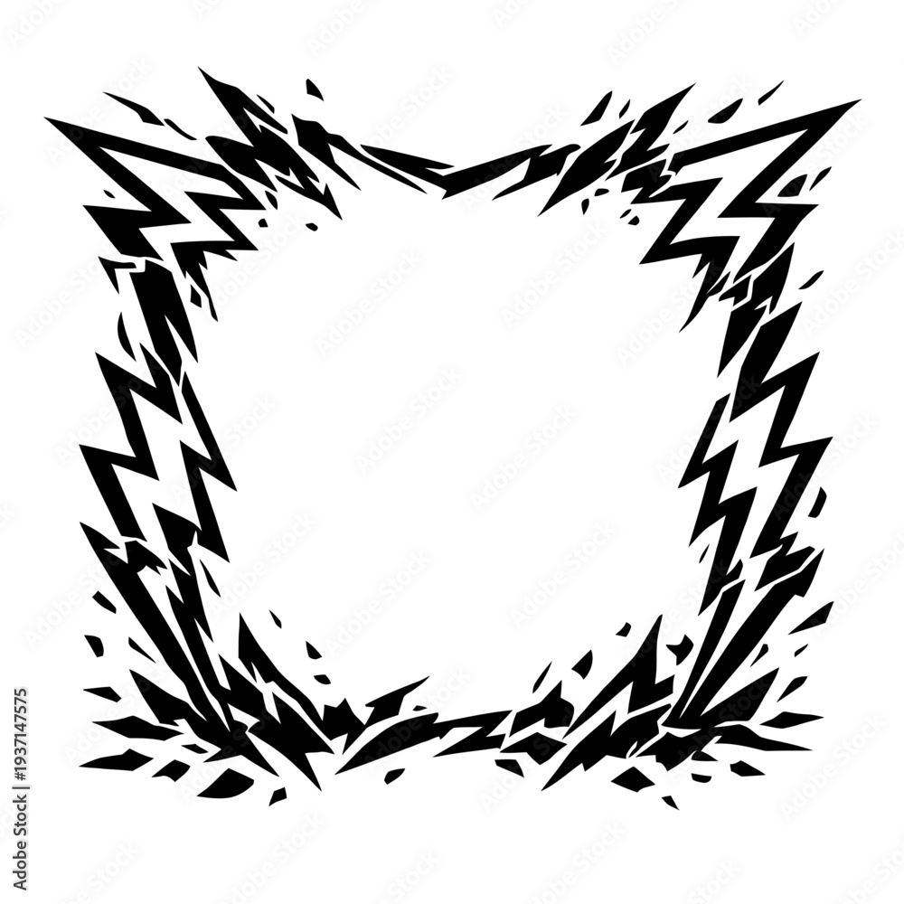 Obraz premium Dynamic Monochrome Abstract Lightning Frame with Jagged Shattered Edges - Powerful Vector Graphic Design Element, Bursting Energy Border for Edgy Visuals, Distressed Geometric Art for Modern Backgroun