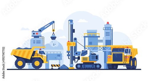 Mining and Quarrying Operation with Heavy Machinery Flat Design Illustration