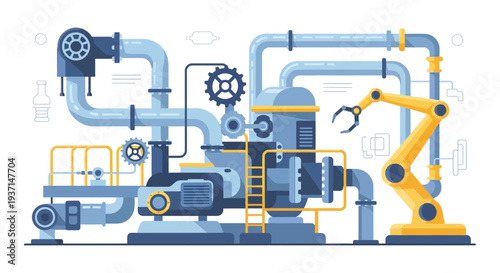 Industrial Automation Concept: Robotic Arm, Pipes & Machinery in a Smart Factory