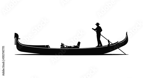 A striking black silhouette of a gondolier propelling a traditional venetian boat along calm waters silhouette high quality