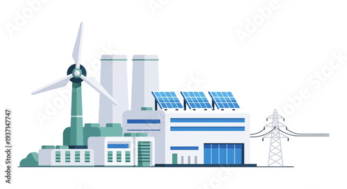 Renewable Energy Power Plant with Wind Turbine, Solar Panels, and Electricity Grid Illustration. Green Technology for Sustainable Industry and Clean Energy Production.