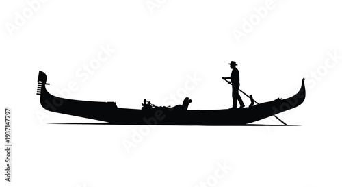 A striking black silhouette depicts a gondola and gondolier on calm waters a classic venetian scene silhouette