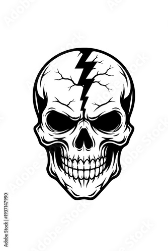 Black and white skull art with a powerful lightning bolt splitting its cranium, intricate cracks. A menacing, rebellious design, ideal for tattoos, apparel, gothic, rock, metal, edgy branding. Vector