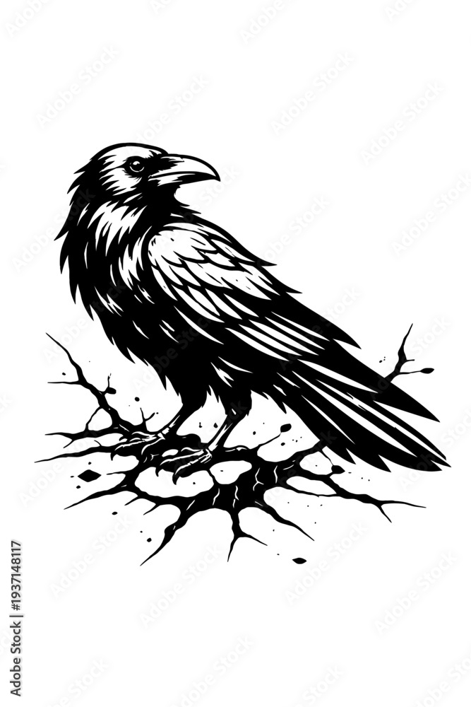 Obraz premium Striking Black Raven Art Illustration: Majestic Corvid Perched on Gnarled Branches, Featuring a Bold Monochrome Design with Artistic Ink Splatters, Evoking a Mysterious and Gothic Aesthetic for Nature