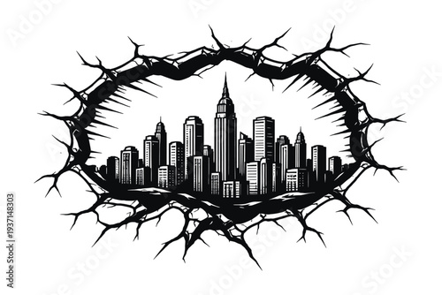 Striking monochromatic illustration of a dynamic metropolitan skyline, featuring iconic skyscrapers and modern architecture, dramatically framed by a sharp, jagged, and thorn-like abstract border, sym