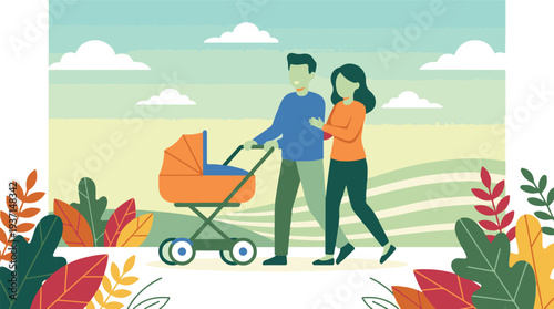 Young family walking with a baby carriage in a peaceful park