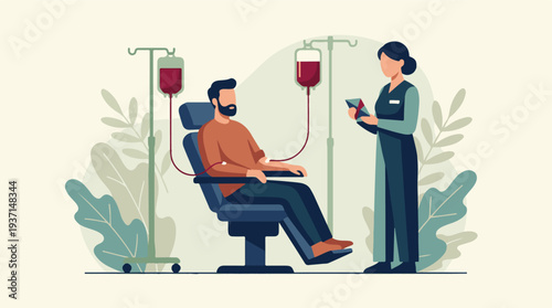 Man Receiving Blood Transfusion or Donation Assisted by Nurse