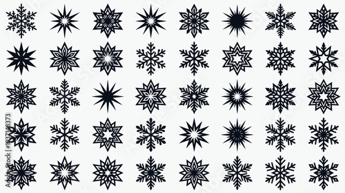 Collection of black snowflakes on white background.
