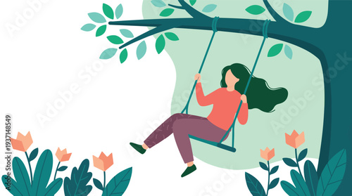 Joyful Woman Swinging from Tree Branch in a Serene Nature Park