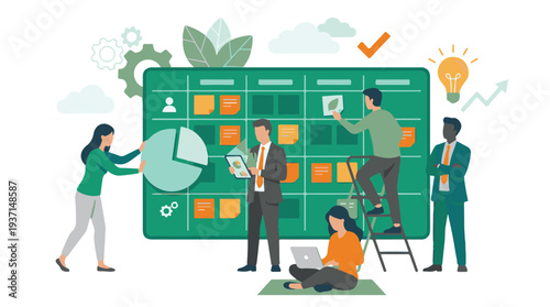 Business team collaborating on project management tasks and data analysis