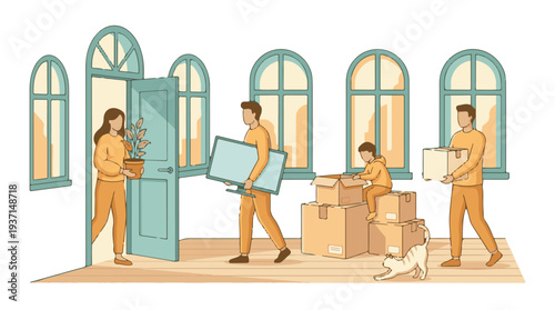 Family moving into a new home, carrying boxes, TV, and a plant