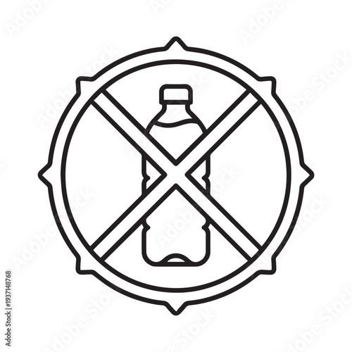 A minimalist black and white line art icon featuring a prohibited symbol over a plastic bottle to promote environmental sustainability.