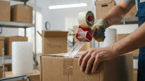 Man taping cardboard box shut in warehouse during packing process  