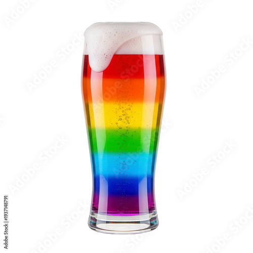 Vibrant rainbow colored beer in a tall glass with frothy head