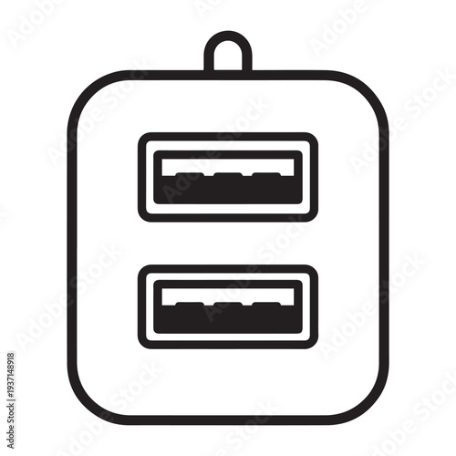 Minimalist black and white vector line art icon of a dual USB port power adapter or wall charger with hanger.