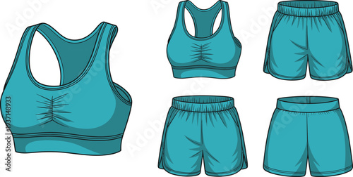 Women sportswear set technical fashion illustration, sports bra and athletic shorts front and back view template, activewear fitness clothing design