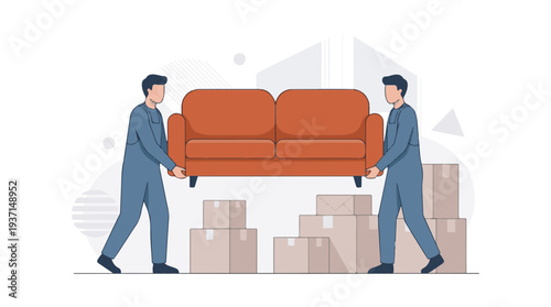 Professional movers carrying a sofa amidst moving boxes during relocation
