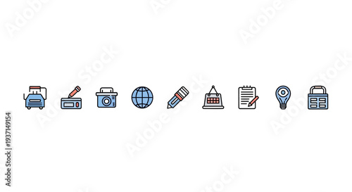 A collection of ten colorful, minimal, flat design vector icons representing various business tasks and creative digital media equipment for web use