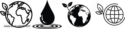 Environmental icons featuring globes and eco friendly symbols
