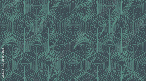 Seamless pattern of green leaves on dark background.