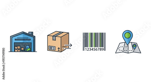 A vibrant set of modern flat line icons showcasing essential logistics processes, encompassing warehouse management, efficient package shipping, universal barcode scanning, and precise delivery route 