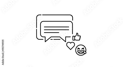 Line art icon representing positive social media feedback including conversation bubbles a heart symbol a thumbs up gesture and a laughing emoji