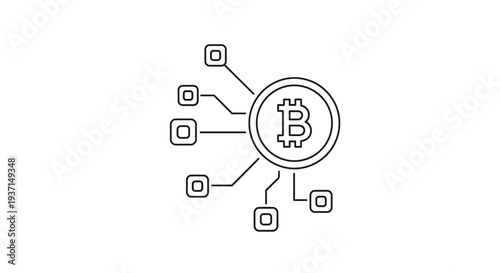 Line art icon illustrating the decentralized network concept associated with the central bitcoin cryptocurrency symbol connected to surrounding nodes.