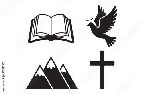 Religious symbols including a book dove mountains and christian cross