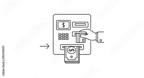 Simple black and white line icon illustrating a hand inserting a bank card into an automated teller machine slot to withdraw cash.