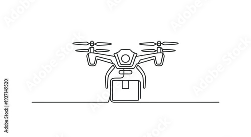 Minimalist single line drawing illustrates a modern delivery drone carrying a package across the horizon for rapid logistic transportation services.