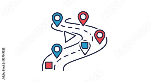 Colorful abstract illustration depicting a winding dashed path marked with multiple blue and red location pins and a play button, symbolizing a strategic journey or progress tracking.