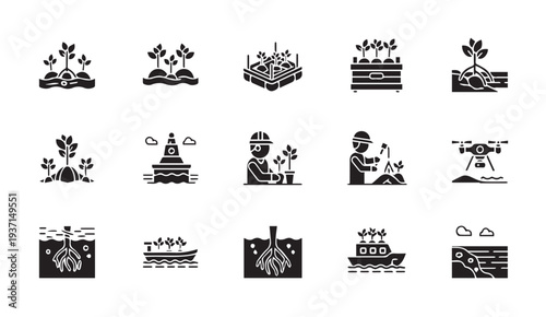 Agriculture icons set featuring farming and planting symbols